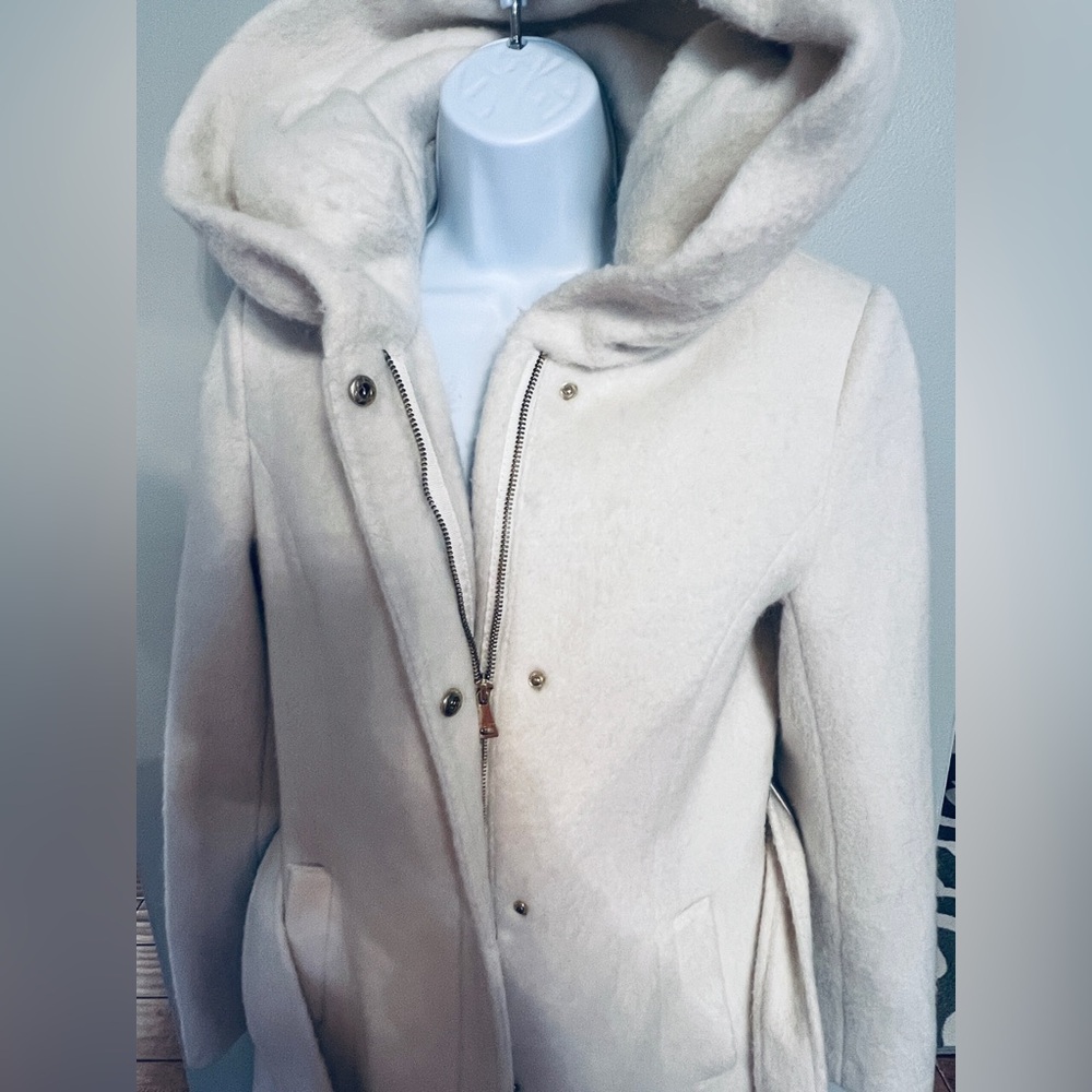 Cole Haan Cream Hooded Belted Wool Blend Coat - Picture 4 of 7